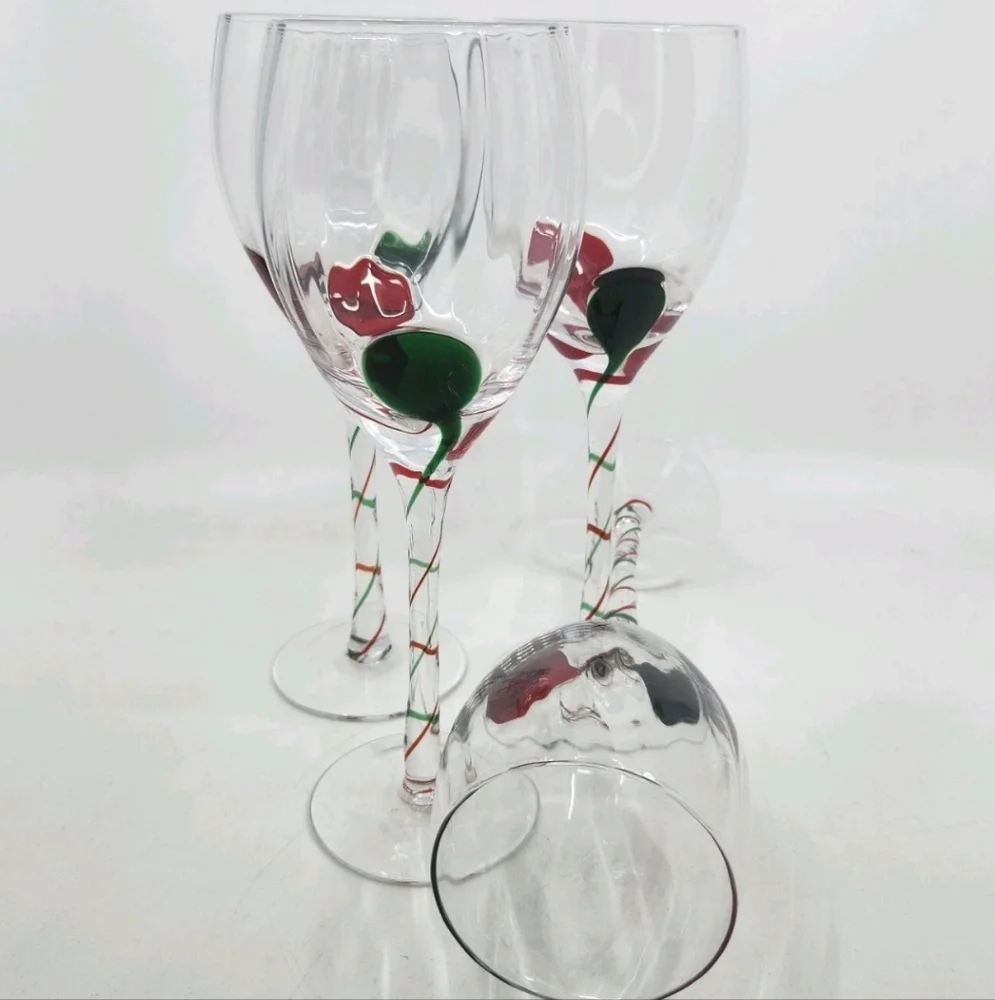 Pier 1 Red Green Teardrop Ribbon Swirl Stemmed Wine Glasses Goblets P1C41 Set 4